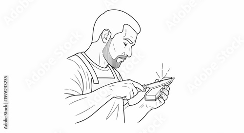 Man sharpening a tool with a whetstone
