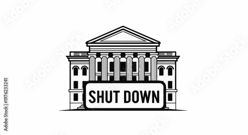 Monochrome illustration of a classical building with columns and a banner reading "SHUT DOWN