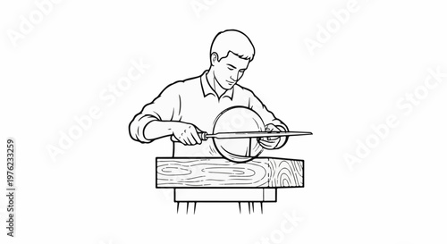 Man sharpens a large bowl on a wooden block with a tool