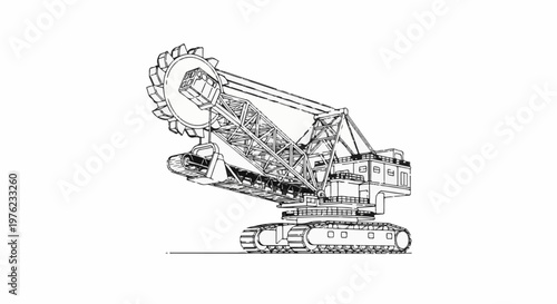 Large tracked excavator with a revolving wheel for digging on white background