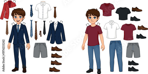 Boy Character Outfit Builder Vector Set with Formal Suit and Casual Clothes Mix and Match Clothing Elements for Kids Fashion Design