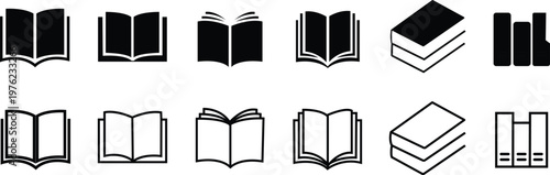 Black and white icons of open and closed books and binders vector