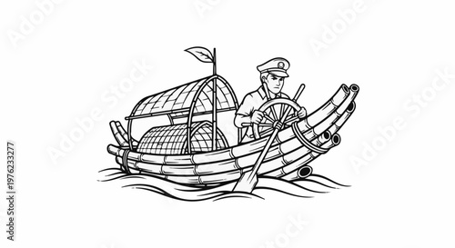 Man steering a bamboo raft with a canopy and nets on water