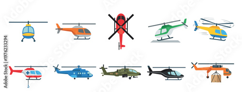 Various colorful cartoon helicopters flying and landing, showcasing different types including rescue, military, passenger, and cargo models in a playful illustration.