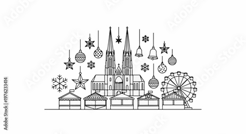 Festive cityscape with gothic architecture, stalls, ferris wheel, and holiday decorations
