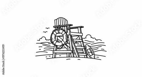 Lifeguard tower with a life preserver and surfboard on a sandy beach