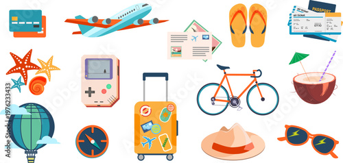 Summer travel and vacation icon set with airplane, suitcase, tickets, flip flops, bicycle, coconut drink, sunglasses, hat, compass and hot air balloon