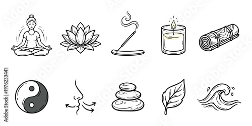 Meditation yoga wellness icons collection featuring various symbols of peace, mindfulness, and spiritual balance in a hand-drawn style.