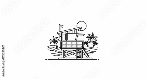 Lifeguard tower on a beach with palm trees and ocean waves