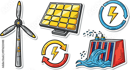Renewable energy illustration set with wind turbine solar panel hydro dam and electricity cycle icons for sustainable power concept design