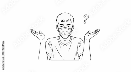 Masked individual shrugs, question mark implies confusion or uncertainty