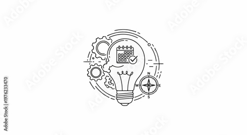 Lightbulb with gears, calendar, and compass symbolizing planning and innovation