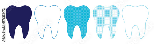 Minimalist dental tooth icons in blue gradient shades, set of 5 molar teeth vector graphics, professional dentistry and oral health symbols