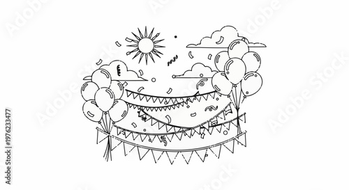 Festive outdoor scene with balloons, bunting, confetti, clouds, and sun