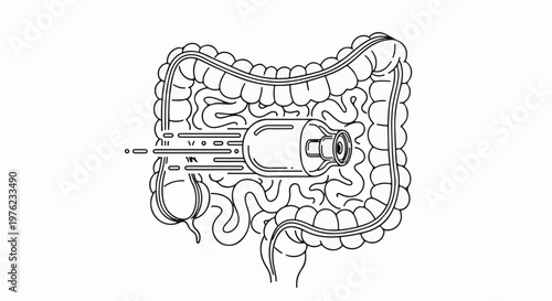 Medical capsule travels through a stylized digestive tract