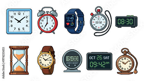 Various timekeeping devices, including analog clocks, digital watches, stopwatches, and an hourglass, are neatly arranged in a comprehensive illustration showcasing different ways to measure time.