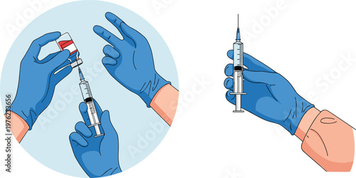 Vaccine Injection Vector Illustration with Medical Hands Holding Syringe and Vial Healthcare Immunization Concept Isolated on Background