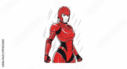 Fierce female in red armor stands strong against a backdrop of rain