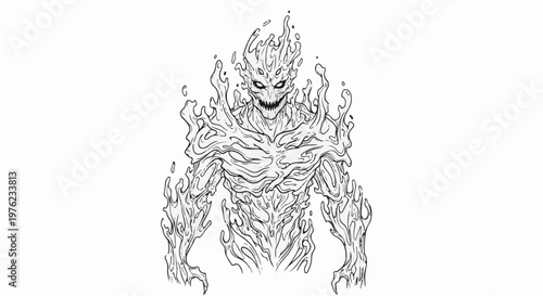 Fiery humanoid creature with sharp teeth, glowing eyes, and flowing flames