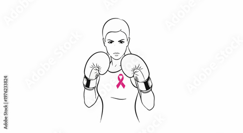Fighter woman in boxing stance wears pink ribbon, symbolizing strength