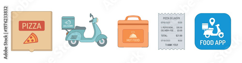 Food delivery service elements including pizza box, scooter, hot food bag, and a receipt, illustrating the modern convenience of ordering meals online.