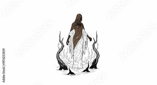 Figure in flowing robes stands in swampy water with bare, twisted trees