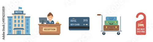 Hotel services and hospitality icons illustrate various aspects of accommodation, including check-in, room access, luggage, and privacy.