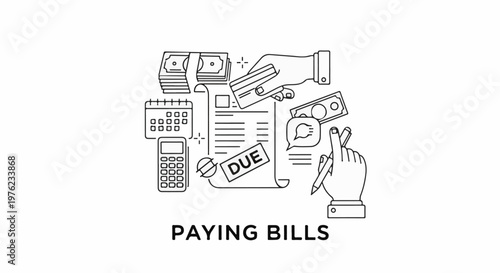 Financial icons depict paying bills with money, card, calculator, and calendar