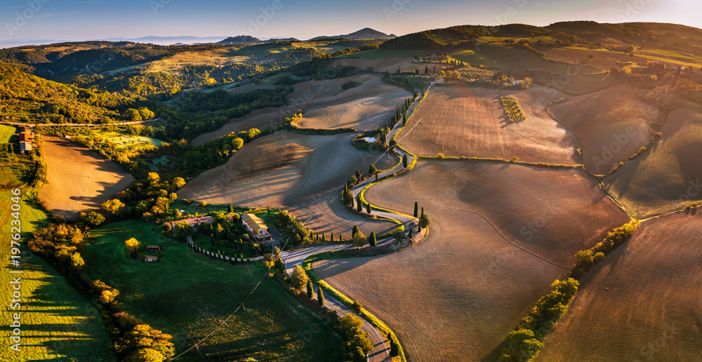 Obraz premium Winding cypress road in Val d'Orcia Tuscany, Monticchiello, Italy.