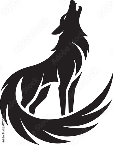 A black silhouette of a wolf howling