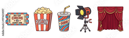 Circus ticket, popcorn, soda, spotlight, and curtains are iconic elements that symbolize the excitement of a live performance or show.