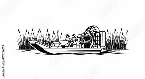 Flat bottom boat with propeller and two people glides through reeds
