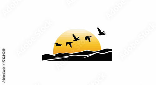 Flock of birds silhouetted against a setting sun over wavy dark terrain