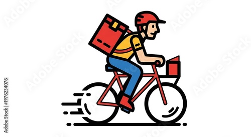 A cyclist in uniform delivers with a box on their back. The person is riding a bicycle at a fast pace. The style is a minimalist cartoon