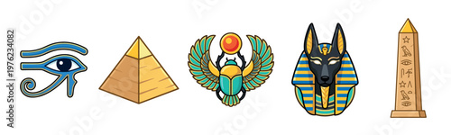 Ancient Egyptian symbols icons set collection vector illustrations depicting cultural and historical elements in a vibrant cartoon style.