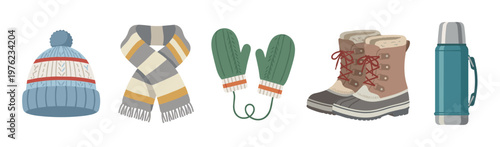 Winter clothing accessories collection featuring hat, scarf, mittens, boots, and thermos, perfect for cold weather activities and outdoor adventures.