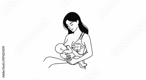 Mother breastfeeding baby with breast pump device