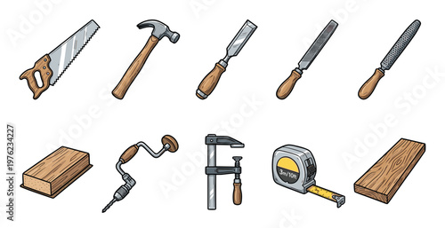 Woodworking tools and equipment, including a saw, hammer, chisel, files, drill, clamp, and tape measure, are essential for carpentry and construction projects.