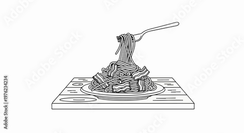 Fork lifting a pile of spaghetti with bacon and olives on a plate