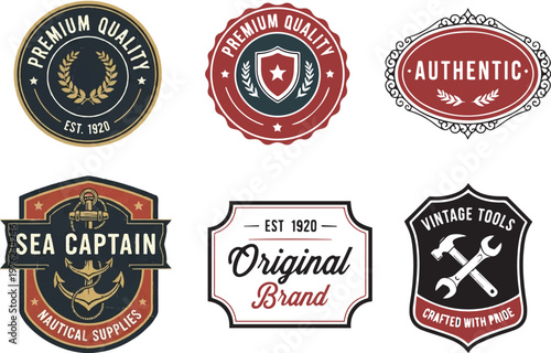 Vintage badge and emblem set. Retro premium label designs with classic logo frames and decorative sign elements in vector format..