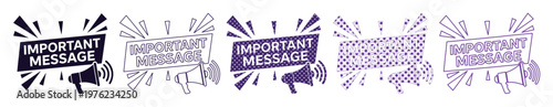 Important message announcement banner set, purple megaphone alert icons with comic style speech bubbles, 5 vector elements for marketing and news
