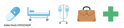 Various medical and healthcare icons representing essential hospital equipment, including a pill, bed, IV drip, doctor's bag, and a green cross symbol.