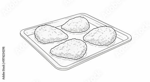 Four breaded patties on a baking tray, black and white illustration