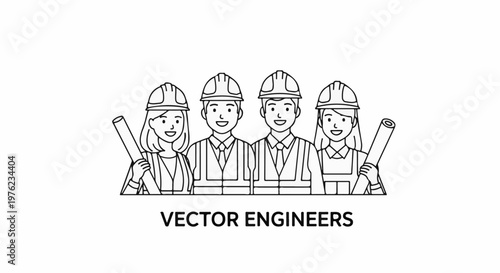 Four people in hard hats and vests with blueprints, representing teamwork