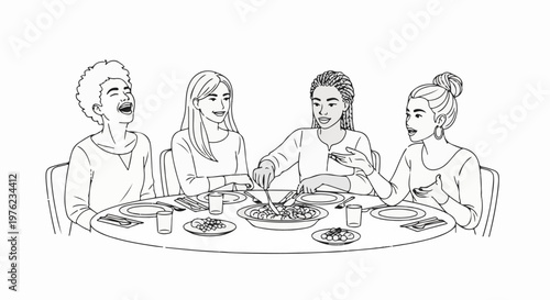 Four friends sharing a meal and laughing heartily around a circular dining table