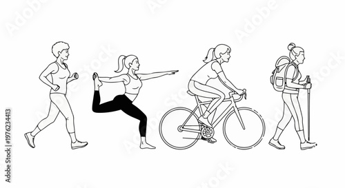 Line art depicts women running, doing yoga, cycling, and hiking