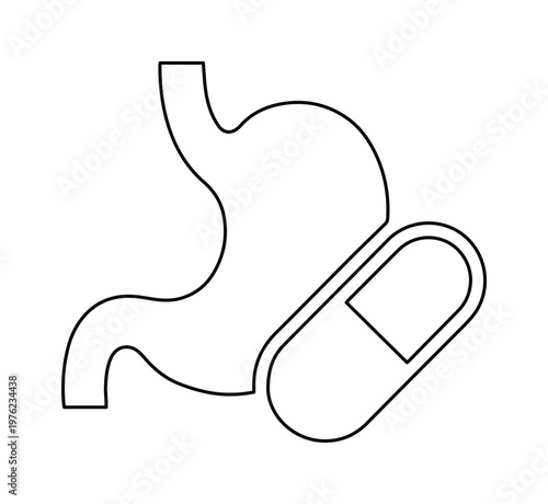 Minimalist stomach and pill line icon vector, human digestive system with medical capsule, gastroenterology healthcare symbol for medicine