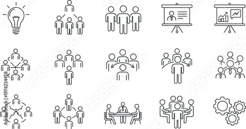 Business Collaboration, Planning, and Strategy Icon Set with Meetings, Presentations, and Teamwork in Line Vector Style