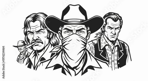Four tough, gritty cowboys with intense expressions and Western attire