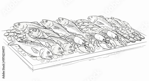 Fresh seafood display with fish and lobsters on ice